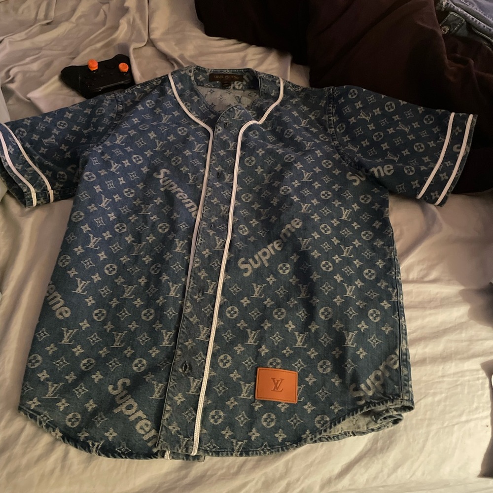 Louis Vuitton x Supreme denim baseball jersey